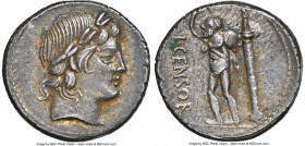 L. Marcius Censorinus (ca. 82 BC). AR denarius (17mm, 3.92 gm, 12h). NGC AU 4/5 - 4/5. Rome. Laureate head of Apollo right / L•CENSOR, satyr Marsyas w...