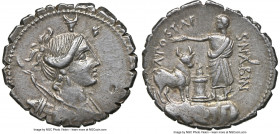 A. Postumius Albinus (ca. 81 BC). AR denarius serratus (19mm, 3.81 gm, 11h). NGC AU 4/5 - 4/5. Rome. Draped bust of Diana right, hair tied in topknot,...