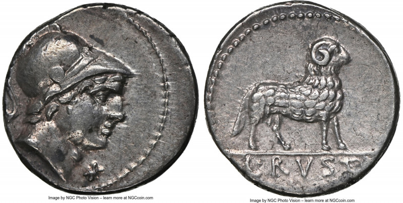 L. Rustius (ca. 76 or 74 BC). AR denarius (17mm, 3.80 gm, 6h). NGC Choice XF 4/5...