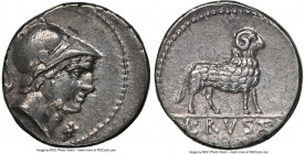 L. Rustius (ca. 76 or 74 BC). AR denarius (17mm, 3.80 gm, 6h). NGC Choice XF 4/5 - 5/5. Rome. Head of Mars or Minerva right; S•C to left, mark of valu...