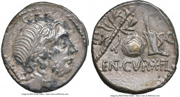 Cn. Lentulus (ca. 76-75 BC). AR denarius (18mm, 3.66 gm, 5h). NGC Choice XF 4/5 - 3/5. Uncertain mint in Spain. G•P•R, diademed, draped bust of bearde...