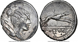 C. Postumius (ca. 74 BC). AR denarius (18mm, 3.95 gm, 7h). NGC AU 5/5 - 3/5. Rome. Draped bust of Diana right, bow and quiver over shoulder; dotted bo...