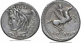 L. Cossutius C.f. Sabula (ca. 74/72 BC). AR denarius (19mm, 4.02 gm, 4h). NGC Choice VF S 5/5 - 5/5. Rome. SABVLA, head of Medusa left, winged, and en...