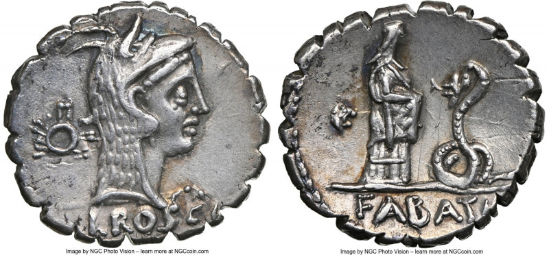 L. Roscius Fabatus (64/59 BC). AR denarius serratus (18mm, 3.87 gm, 6h). NGC Cho...