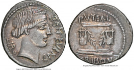L. Scribonius Libo (ca. 62 BC). AR denarius (19mm, 4.02 gm, 4h). NGC Choice XF 4/5 - 4/5, scratch. Rome. Head of Bonus Eventus right, LIBO (downwards)...