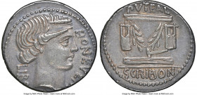 L. Scribonius Libo (ca. 62 BC). AR denarius (19mm, 3.89 gm, 5h). NGC XF 4/5 - 4/5. Rome. Head of Bonus Eventus right, LIBO (downwards) behind, BON•EVE...