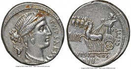 P. Plautius Hypsaeus (ca. 60 BC). AR denarius (17mm, 3.85 gm, 7h). NGC AU 4/5 - 5/5. P•YPSAE•S•C, draped bust of Leuconoe right; dolphin swimming down...