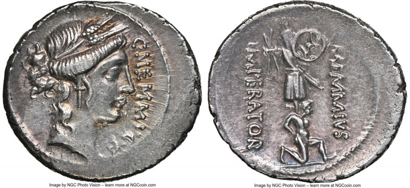 C. Memmius C.f. (ca. 56 BC). AR denarius (20mm, 3.99 gm, 6h). NGC Choice XF 4/5 ...