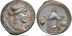 Q. Cassius Longinus (ca. 55 BC). AR denarius (19mm, 3.87 gm, 6h). NGC AU 4/5 - 5/5. Rome. Q•CASSIVS-LIBERT, draped bust of Libertas right, wearing tae...