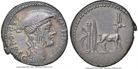Cn. Plancius (ca. 55 BC). AR denarius (18mm, 4.11 gm, 2h). NGC AU 4/5 - 3/5, bankers mark. Rome. CN•PLANCIVS-AED•CVR•S•C, head of Diana Planciana righ...