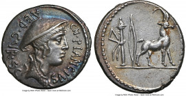 Cn. Plancius (ca. 55 BC). AR denarius (18mm, 3.80 gm, 5h). NGC Choice XF 5/5 - 4/5. Rome. CN•PLANCIVS-AED•CVR•S•C, head of Diana Planciana right, wear...
