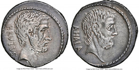 Q. Servilius Caepio (M. Junius) Brutus, as Moneyer (54 BC). AR denarius (19mm, 3.87 gm, 8h). NGC Choice VF 4/5 - 3/5, bankers mark. Rome. BRVTVS, bare...