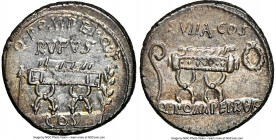 Q. Pompeius Rufus (ca. 54 BC). AR denarius (17mm, 3.94 gm, 4h). NGC MS 5/5 - 5/5. Rome. Q•POMPEI•Q•F / RVFVS, curule chair set on tablet inscribed COS...
