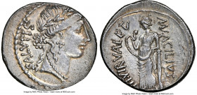 Mn. Acilius Glabrio (ca. 49 BC). AR denarius (19mm, 3.92 gm, 5h). NGC AU 3/5 - 4/5 Rome. SALVTIS, laureate head of Salus right, wearing pendant earrin...