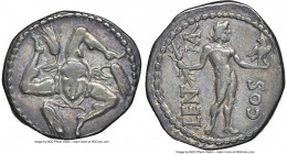 L. Lentulus and C. Marcellus (49 BC). AR denarius (19mm, 3.80 gm, 9h). NGC Choice Fine 5/5 - 4/5, bankers mark. Apollonia, summer 49 BC. Triskeles wit...