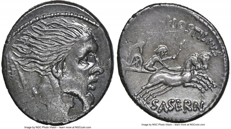 L. Hostilius Saserna (48 BC). AR denarius (18mm, 3.95 gm, 7h). NGC Choice XF 4/5...