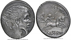 L. Hostilius Saserna (48 BC). AR denarius (18mm, 3.95 gm, 7h). NGC Choice XF 4/5 - 4/5. Rome. Head of Gallic warrior (Vercingetorix?) right, with goat...