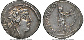 C. Vibius C.f. C.n. Pansa Caetronianus (ca. 48 BC). AR denarius (17mm, 3.96 gm, 6h). NGC XF 4/5 - 5/5. Rome. PANSA, wreathed head of young Bacchus rig...