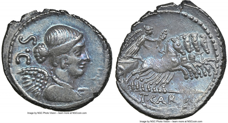 T. Carisius (ca. 46 BC). AR denarius (20mm, 3.79 gm, 1h). NGC AU 3/5 - 3/5, brus...