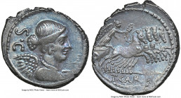 T. Carisius (ca. 46 BC). AR denarius (20mm, 3.79 gm, 1h). NGC AU 3/5 - 3/5, brushed. Rome. S•C, draped and winged bust of Victory right, wearing penda...