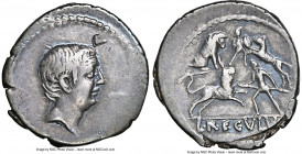 L. Livineius Regulus (42 BC). AR denarius (18mm, 3.67 gm, 11h). NGC VF 4/5 - 3/5, bankers mark. Rome. Bare head of the praetor L. Livineius Regulus ri...