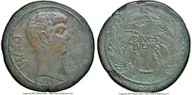 Octavian, as Sole Imperator (30-27 BC). AE "sestertius" (32mm, 16.34 gm, 8h). NGC XF S 5/5 - 4/5. Uncertain Italian mint, ca. 38 BC. DIVI•F, bare head...