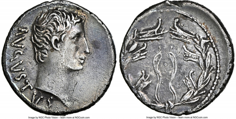Augustus (27 BC-AD 14). AR denarius (18mm, 3.67 gm, 7h). NGC Choice XF 4/5 - 2/5...