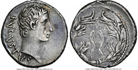 Augustus (27 BC-AD 14). AR denarius (18mm, 3.67 gm, 7h). NGC Choice XF 4/5 - 2/5, edge cut. North Peloponnesian mint (Pergamum?), ca. 27 BC. AVGVSTVS,...