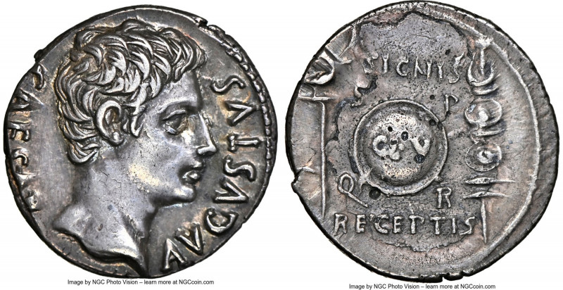 Augustus (27 BC-AD 14). AR denarius (18mm, 3.77 gm, 5h). NGC Choice XF 4/5 - 2/5...