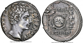 Augustus (27 BC-AD 14). AR denarius (18mm, 3.77 gm, 5h). NGC Choice XF 4/5 - 2/5. Spain, Colonia Patricia (?), 19 BC. CAESAR-AVGVSTVS, bare head of Au...