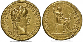 Tiberius (AD 14-37). AV aureus (19mm, 7.75 gm, 7h). NGC XF 5/5 - 2/5, ex-jewelry. Lugdunum, ca. AD 14-17. TI CAESAR DIVI-AVG F AVGVSTVS, laureate head...