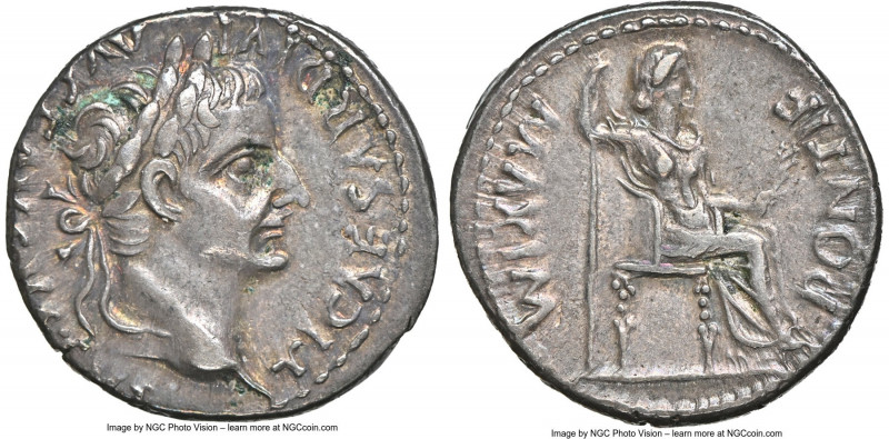 Tiberius (AD 14-37). AR denarius (18mm, 3.84 gm, 10h). NGC XF 4/5 - 4/5. Lugdunu...