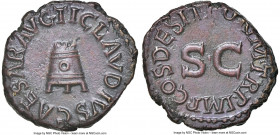 Claudius I (AD 41-54). AE quadrans (18mm, 3.47 gm, 6h). NGC Choice AU 4/5 - 4/5. Rome, AD 41. TI•CLAVDIVS•CAESAR•AVG•, three-legged modius / PON M•TR•...