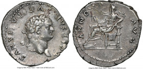 Titus, as Caesar (AD 79-81). AR denarius (19mm, 3.58 gm, 7h). NGC Choice XF 4/5 - 4/5. Rome, AD 77-78. T CAESAR VESPASIANVS, laureate head of Titus ri...