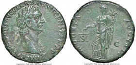 Domitian, as Augustus (AD 81-96). AE as (28mm, 11.23 gm, 5h). NGC AU 5/5 - 3/5, edge chips. Rome, AD 86. IMP CAES DOMIT AVG GERM COS XII CENS PER P P,...