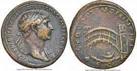 Trajan (AD 98-117). AE sestertius (34mm, 27.83 gm, 7h). Choice VF 5/5 - 3/5. Rome, AD 107-110. IMP CAES NERVAE TRAIANO AVG GER DAC P M TR P COS V P P,...