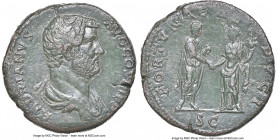Hadrian (AD 117-138). AE sestertius (32mm, 27.46 gm, 6h). NGC Choice XF 4/5 - 3/5, Fine Style. Rome, AD 137-138. HADRIANVS-AVG COS III P P, bare heade...