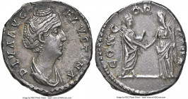 Diva Faustina Senior (AD 138-140/1). AR denarius (18mm, 3.07 gm, 6h). NGC AU 4/5 - 5/5. Rome, after AD 141. DIVA AVG-FAVSTINA, draped bust of Diva Fau...