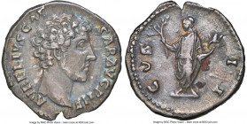Marcus Aurelius, as Caesar (AD 161-180). AR denarius (18mm, 3.25 gm, 7h). NGC XF 4/5 - 4/5. Rome, AD 145-147. AVRELIVS CAE-SAR AVG PII F, bare head of...