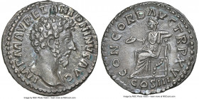 Marcus Aurelius, as Augustus (AD 161-180). AR denarius (18mm, 3.39 gm, 5h). NGC AU 5/5 - 4/5. Rome, AD 161. IMP M AVREL ANTONINVS AVG, bare head right...