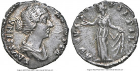 Faustina Junior (AD 147-175/6). AR denarius (16mm, 3.03 gm, 12h). NGC AU 4/5 - 4/5. Rome, AD 156-161. FAVSTINA-AVGVSTA, draped bust of Faustina Junior...