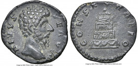 Lucius Verus (AD 161-169). AE limes denarius (18mm, 2.73 gm, 5h). NGC XF 4/5 - 3/5. Ancient counterfeit of Rome, AD 169. DIVVS-VERVS, bare head of Div...