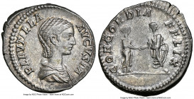 Plautilla (AD 202-205). AR denarius (19mm, 3.40 gm, 1h). NGC Choice XF 4/5 - 4/5. Rome. PLAVTILLA-AVGVSTAE, draped bust of Plautilla right, seen from ...