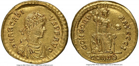 Arcadius, Eastern Roman Empire (AD 383-408). AV solidus (21mm, 4.36 gm, 11h). NGC Choice XF 5/5 - 2/5, scuff, edge bend. Constantinople, 10th officina...