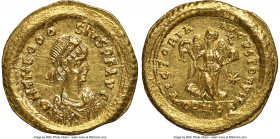 Theodosius II, Eastern Roman Empire (AD 402-450). AV tremissis (15mm, 1.51 gm, 6h). NGC Choice MS 5/5 - 4/5. Constantinople. D N THEODO-SIVS P F AVG, ...