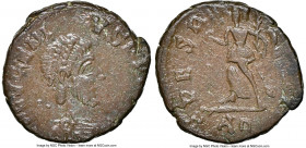 Eugenius, Western Roman Empire (AD 392-394). AE4 or nummus (13mm, 1.27 gm, 5h). NGC AU 4/5 - 3/5. Aquileia. D N EVGENI-VS P F AVG, pearl-diademed, dra...