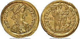 Honorius, Western Roman Empire (AD 393-423). AV solidus (21mm, 4.45 gm, 6h). NGC MS 5/5 - 4/5. Ravenna, ca. AD 402-406. D N HONORI-VS P F AVG, pearl-d...