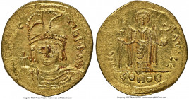 Maurice Tiberius (AD 582-602). AV solidus (22mm, 4.43 gm, 7h). NGC MS 3/5 - 3/5, graffito. Constantinople, 5th officina. o N mAVRC-TIb PP AVG, draped ...