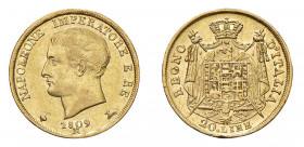 MILANO Napoleone I re d'Italia (1805-1814) 20 Lire 1809 Au Var. M su O e stella a 6 punte. Pagani 19A. Rara. SPL. (Stima €600-800).
SPL