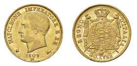 MILANO Napoleone I re d'Italia (1805-1814) 20 Lire 1809 Au. Pag. 19. qSPL. (Stima €400-500).
q.SPL